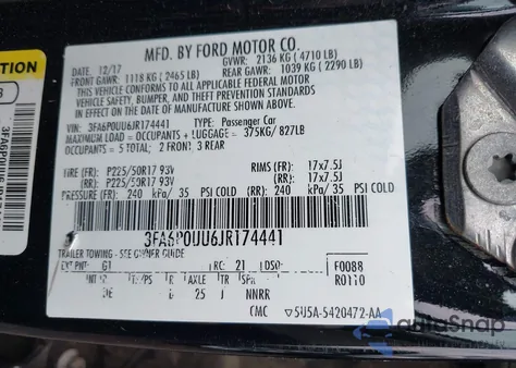 2018 Ford Fusion Hybrid S z USA, uszkodzony, nr VIN 3FA6P0UU6JR174441